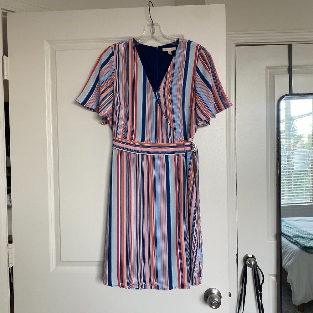 Skies Are Blue Multicolor Vertical Striped Wrap Dress